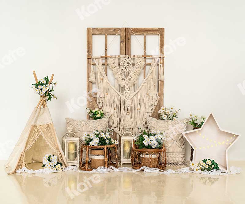 Kate Beige Little Daisy Floral Boho Backdrop Designed by Emetselch -UK
