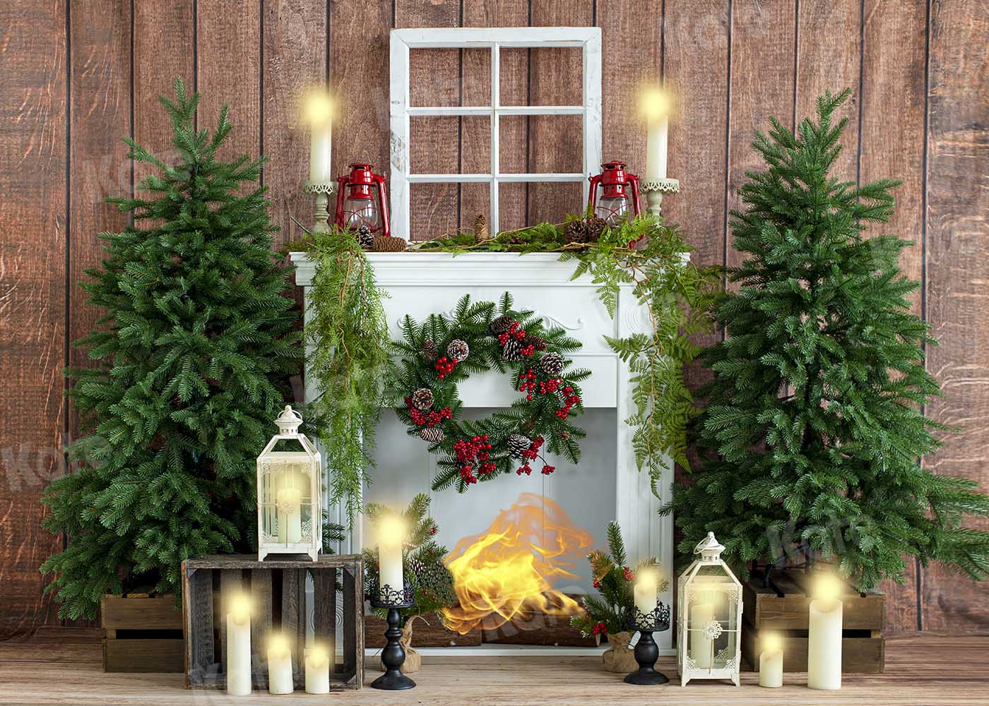 Kate Christmas Fireplace Candlelight Wooden Backdrop Designed by Emetselch -UK