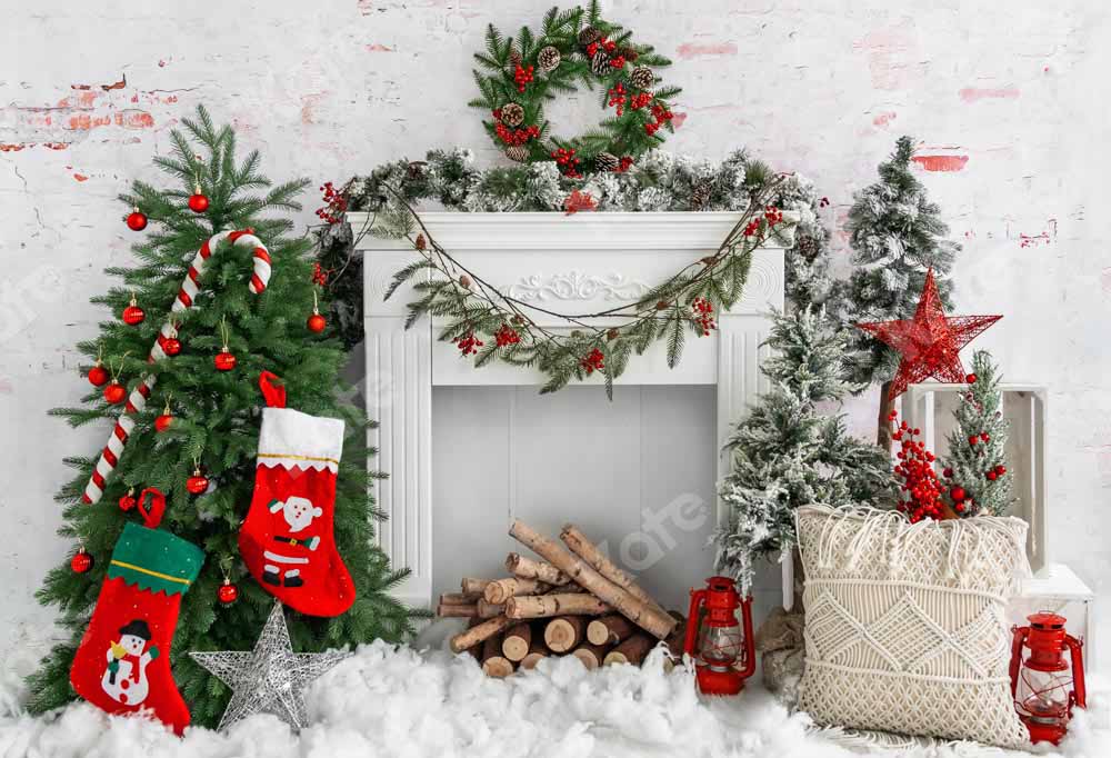 Kate Christmas Tree Brick Fireplace Backdrop Designed by Emetselch -UK