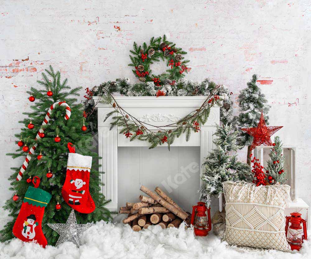 Kate Christmas Tree Brick Fireplace Backdrop Designed by Emetselch -UK