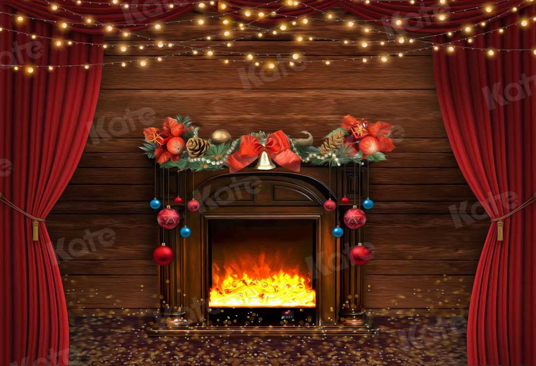 Kate Christmas Fireplace Wooden Backdrop for Photography -UK