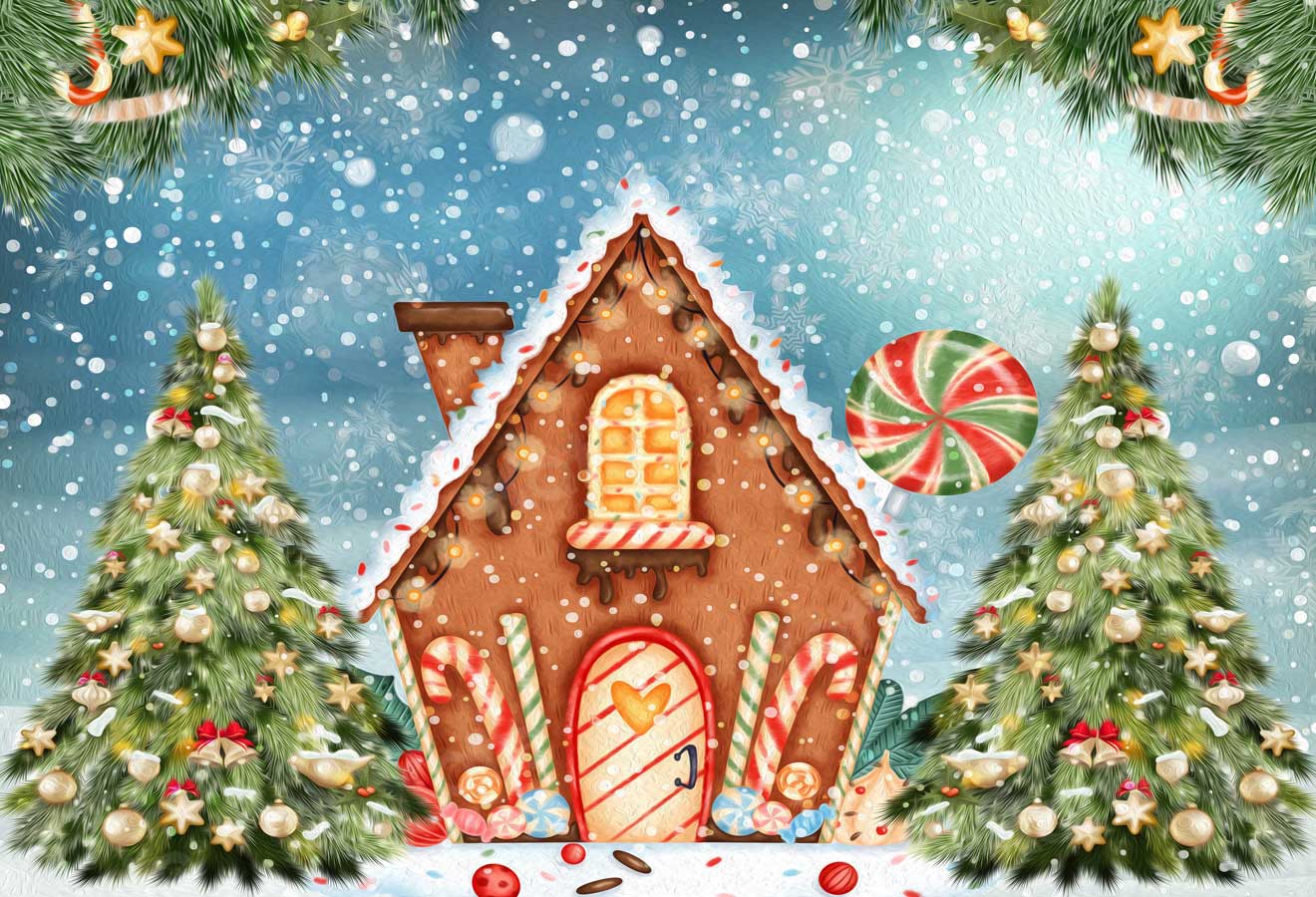 Kate Christmas Oil Painting Candy House Snow Backdrop for Photography -UK