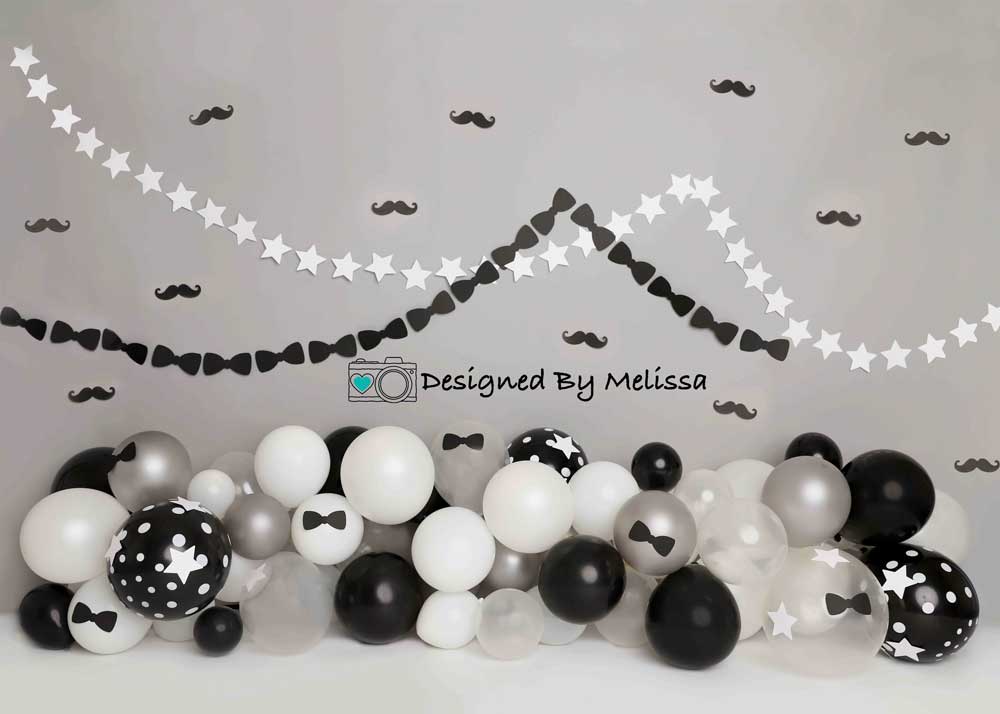 Kate Tie Moustache Birthday Backdrop Black&White Designed by Melissa King -UK
