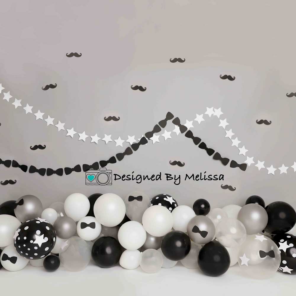 Kate Tie Moustache Birthday Backdrop Black&White Designed by Melissa King -UK