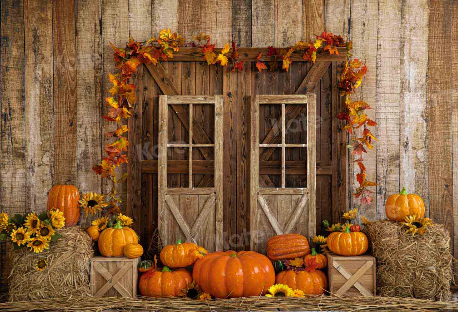 Kate Autumn Pumpkins Barn Door Backdrop Designed by Emetselch -UK