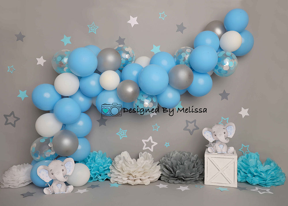 Kate Children Grey Wall Elephant Blue Balloon Backdrop Designed by Melissa King -UK