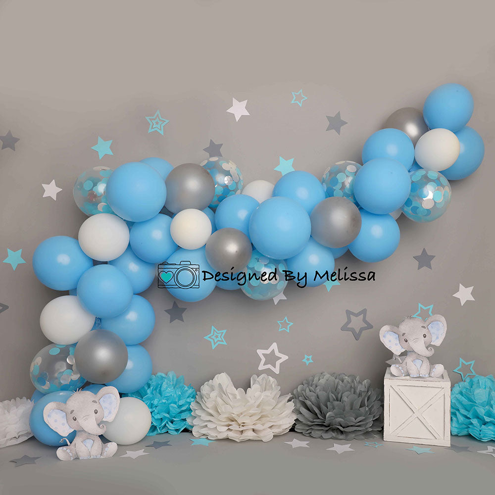 Kate Children Grey Wall Elephant Blue Balloon Backdrop Designed by Melissa King -UK