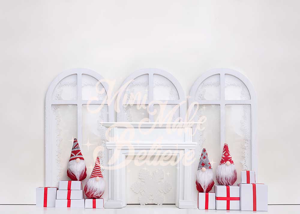 Kate White Christmas Holiday Gnomes Fireplace Backdrop Designed by Mini MakeBelieve -UK