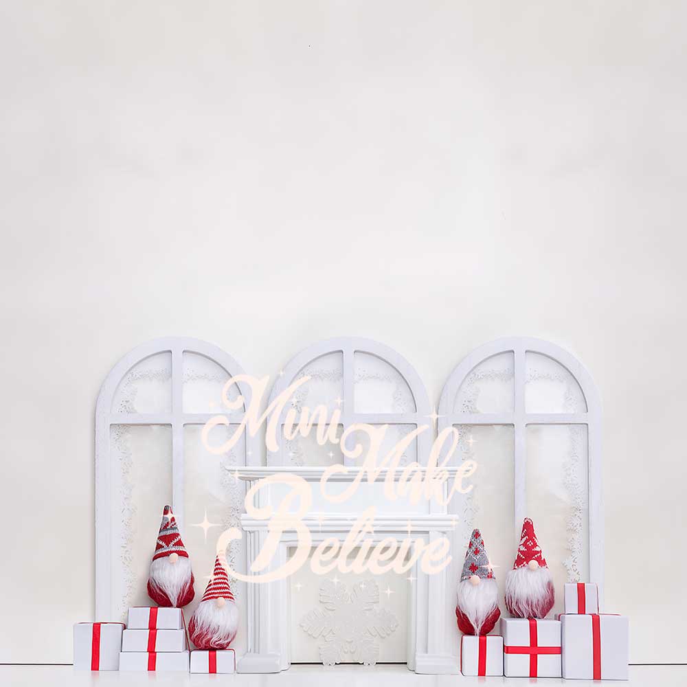 Kate White Christmas Holiday Gnomes Fireplace Backdrop Designed by Mini MakeBelieve -UK