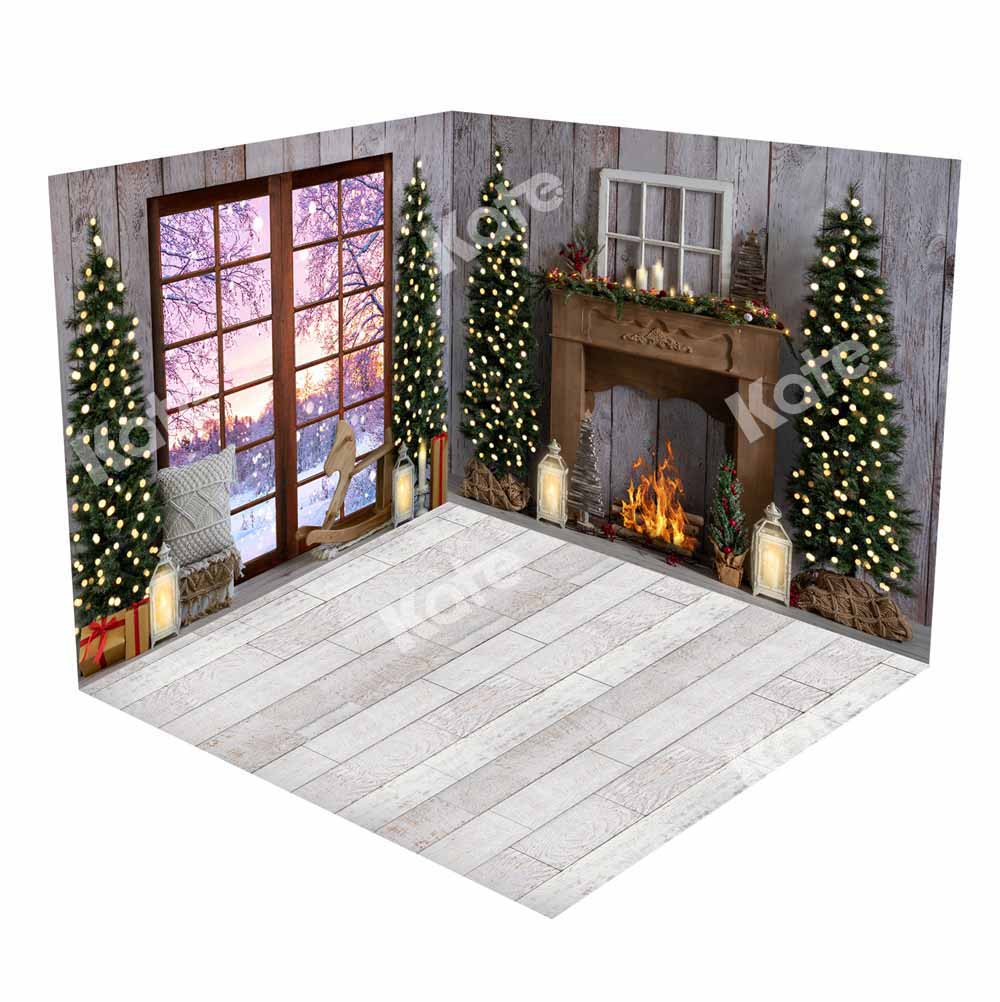 Kate Christmas Snow Scene Window Fireplace Room Set -UK
