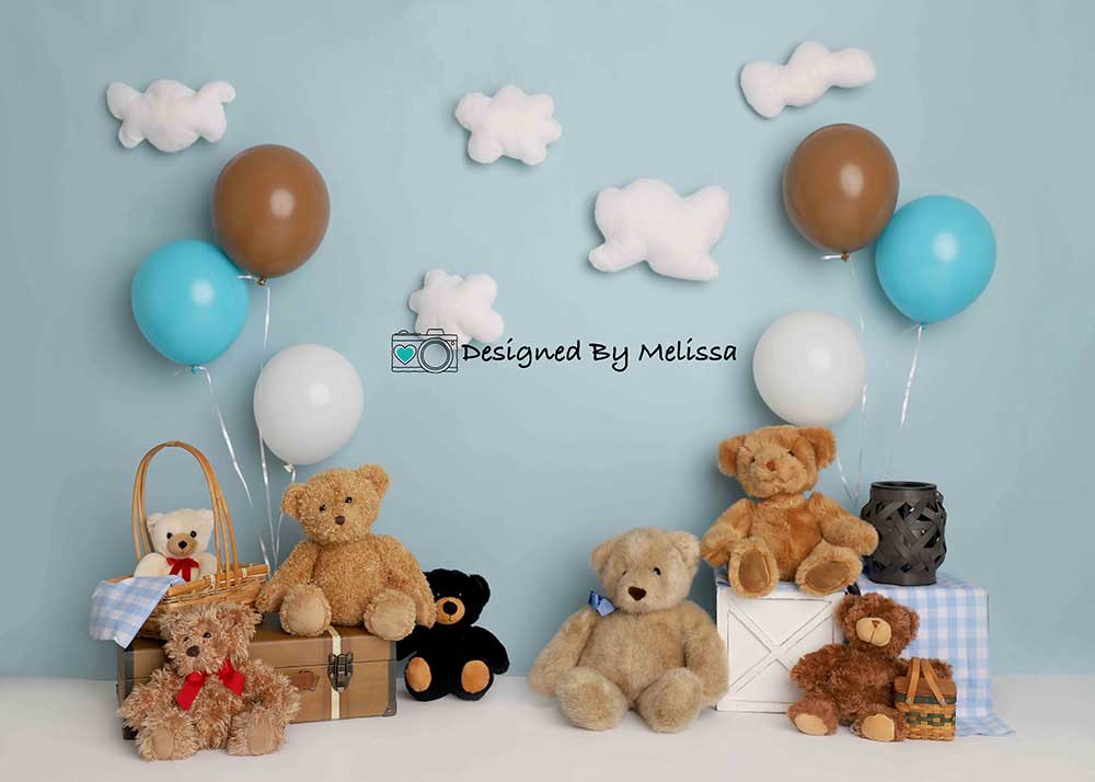 Kate Blue Teddy Bear Birthday Picnic Children Backdrop Designed by Melissa King -UK