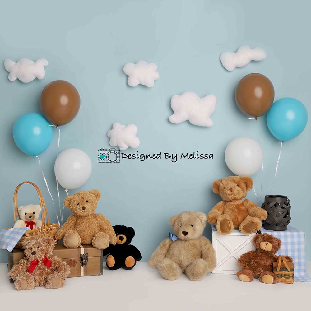 Kate Blue Teddy Bear Birthday Picnic Children Backdrop Designed by Melissa King -UK