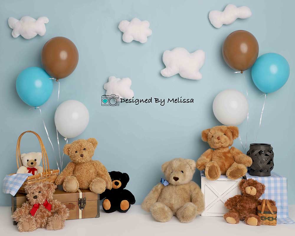 Kate Blue Teddy Bear Birthday Picnic Children Backdrop Designed by Melissa King -UK