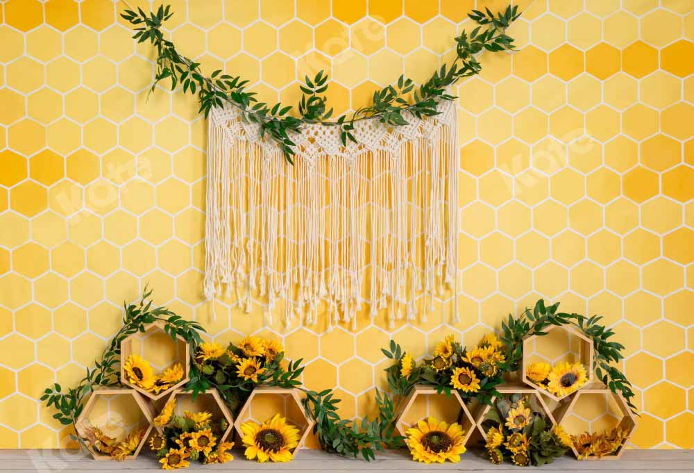 Kate Honeycomb Yellow Boho Cake Smash Backdrop Designed by Emetselch -UK