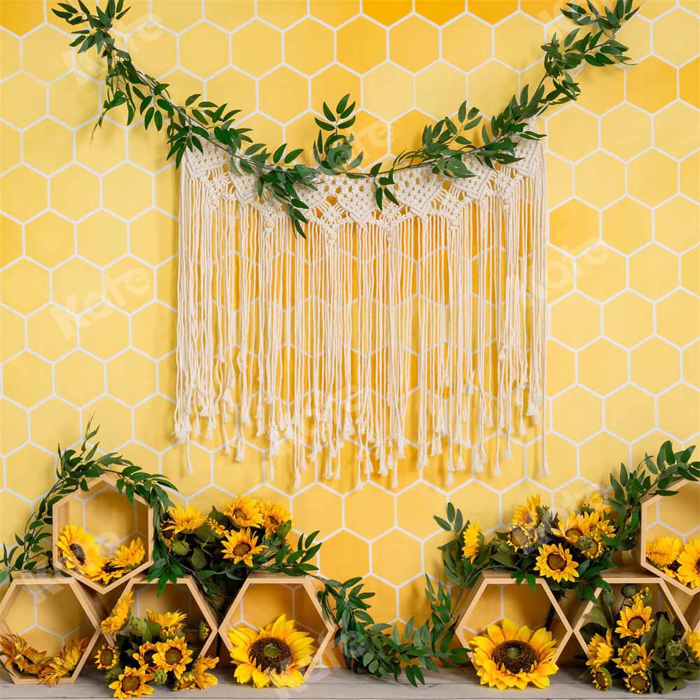 Kate Honeycomb Yellow Boho Cake Smash Backdrop Designed by Emetselch -UK