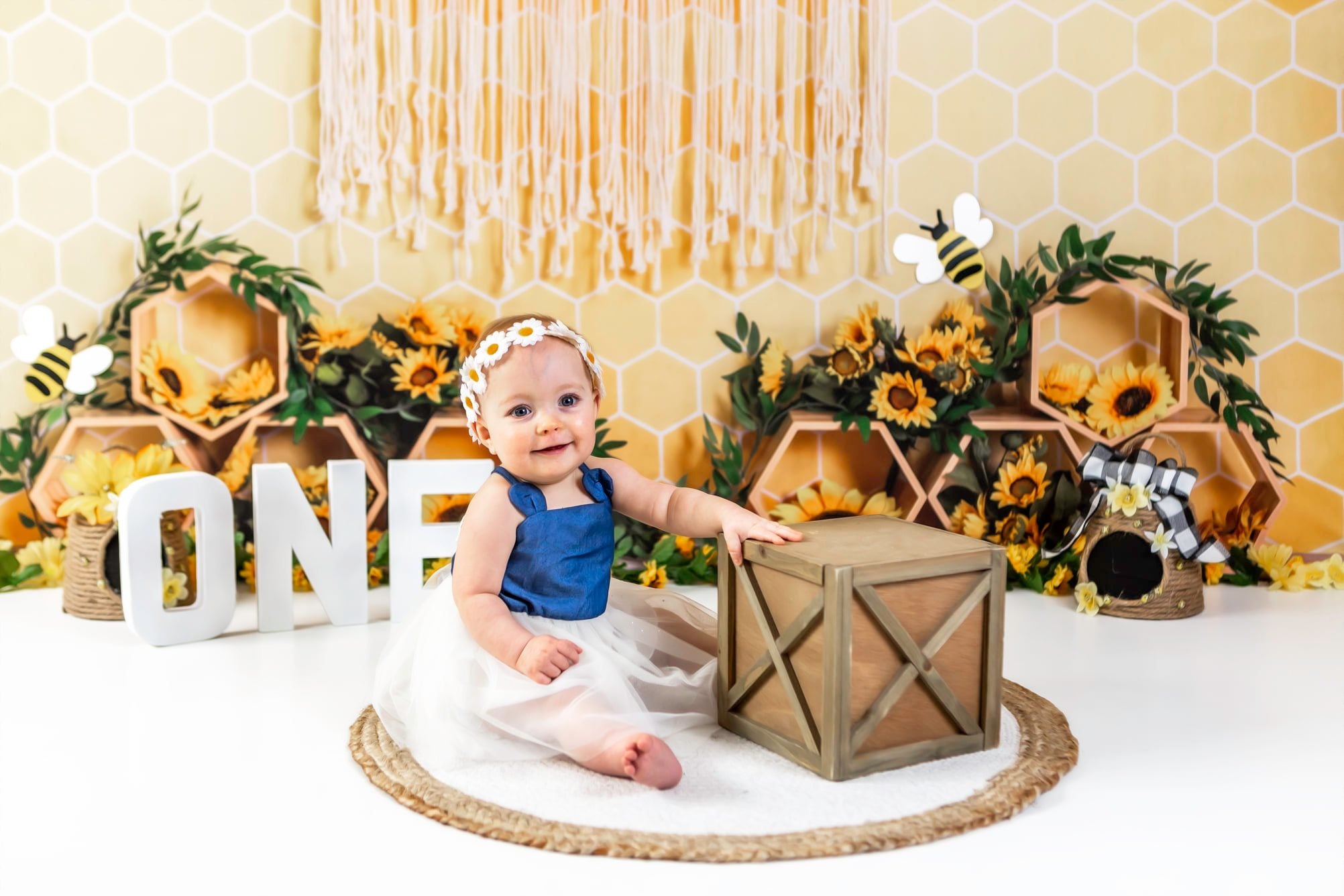 Kate Honeycomb Yellow Boho Cake Smash Backdrop Designed by Emetselch -UK