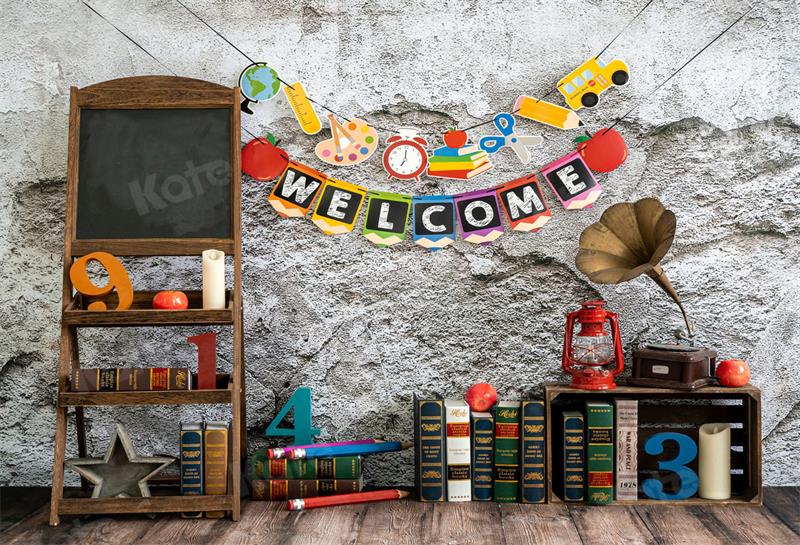 Kate Retro School Book Cement Brick Wall Backdrop for Photography