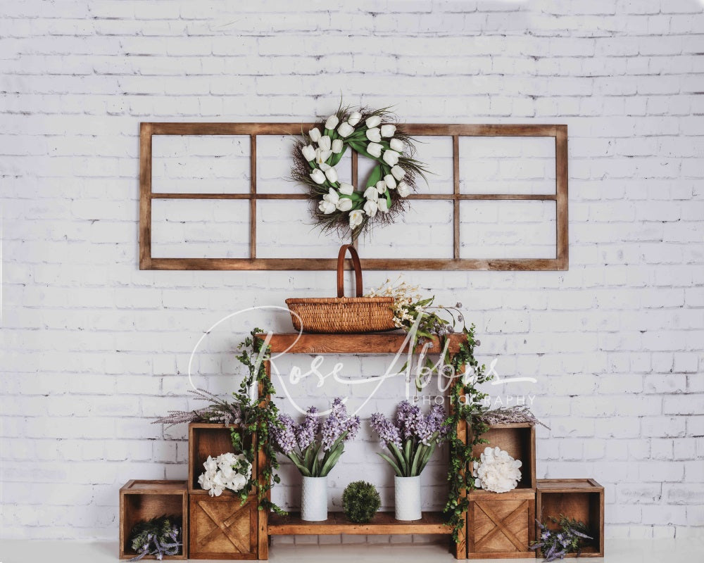Kate Spring Floral White Brick Wall Backdrop Designed By Rose Abbas -UK