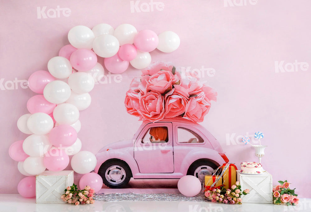 Kate Pink Car Balloon Flower Cake Smash Backdrop Designed by Emetselch -UK