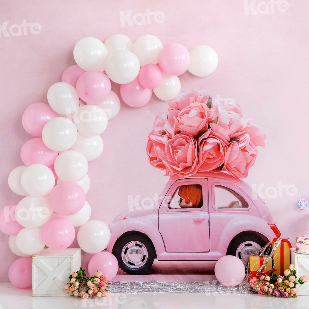 Kate Pink Car Balloon Flower Cake Smash Backdrop Designed by Emetselch -UK