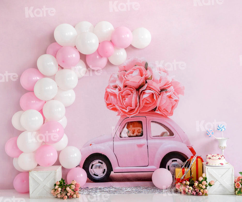 Kate Pink Car Balloon Flower Cake Smash Backdrop Designed by Emetselch -UK