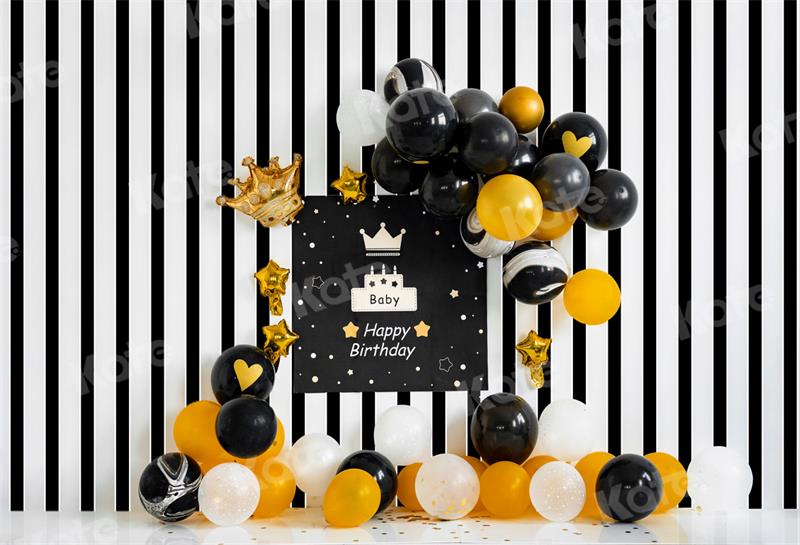 Kate Birthday Black Yellow Balloons Stripe Backdrop for Photography -UK