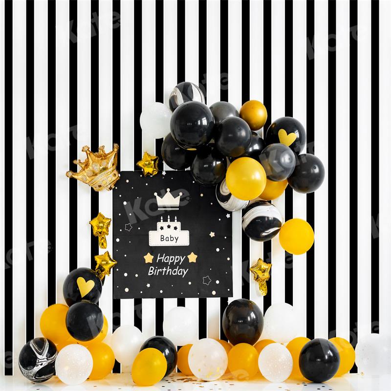 Kate Birthday Black Yellow Balloons Stripe Backdrop for Photography -UK