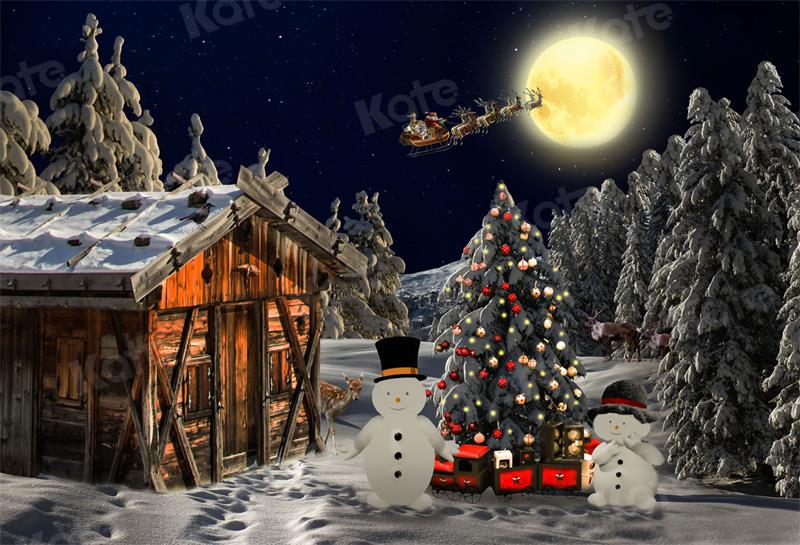 Kate Christmas Night Wooden House Tree Backdrop for Photography -UK