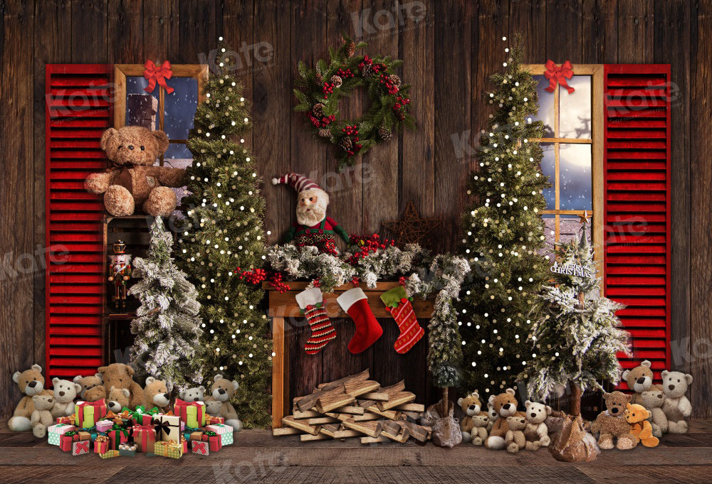 Kate Vintage Christmas Fireplace Teddy Bear Backdrop for Photography -UK