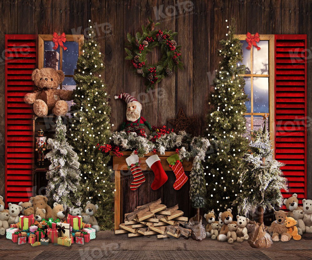 Kate Vintage Christmas Fireplace Teddy Bear Backdrop for Photography -UK
