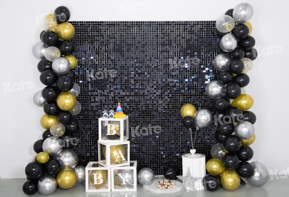 Kate Birthday Black Golden Balloons Sequin Wall Backdrop Designed by Emetselch -UK