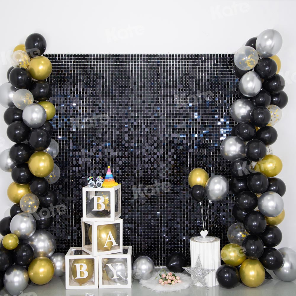 Kate Birthday Black Golden Balloons Sequin Wall Backdrop Designed by Emetselch -UK