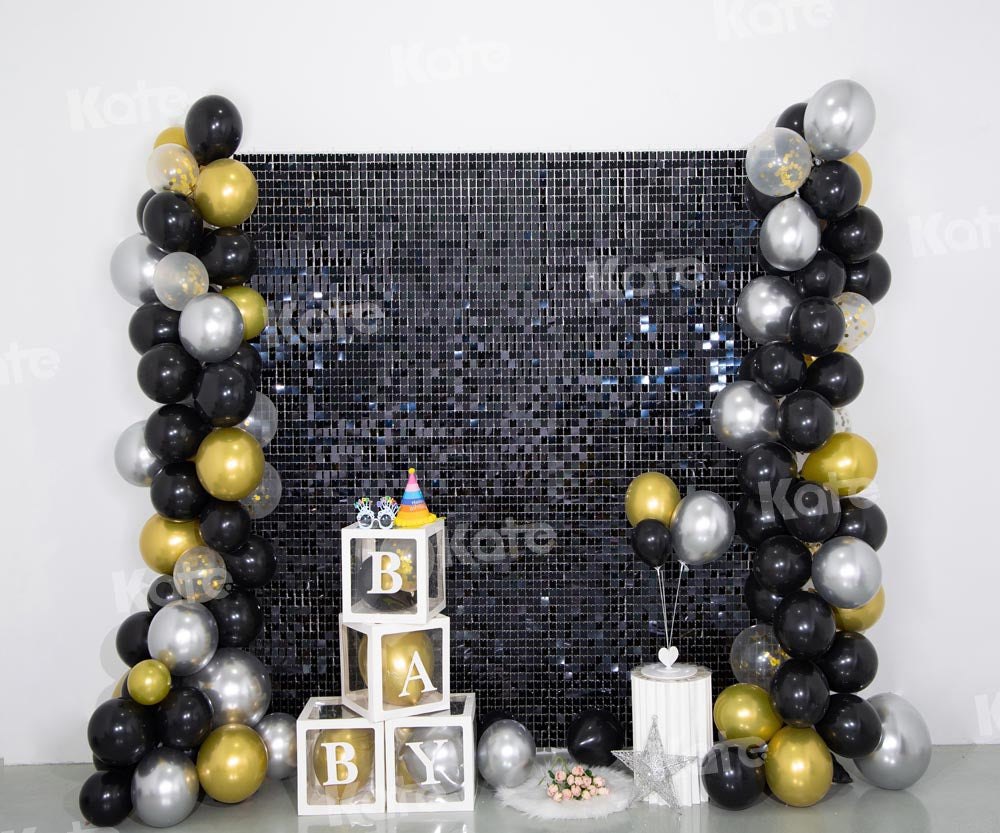 Kate Birthday Black Golden Balloons Sequin Wall Backdrop Designed by Emetselch -UK