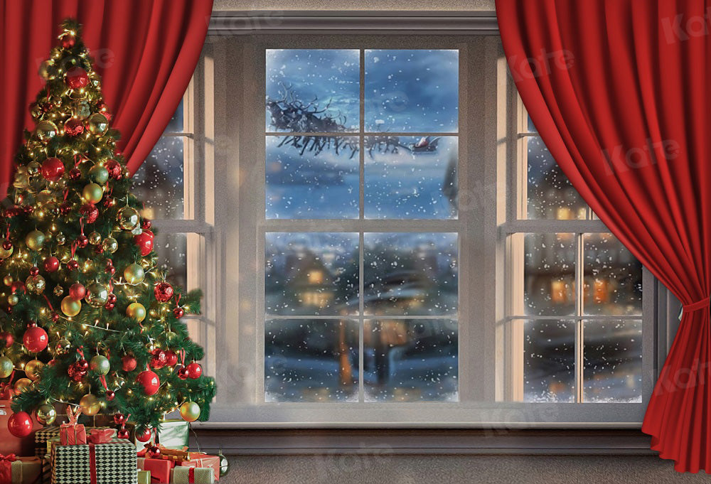Kate Snowy Christmas Window Red Curtain Backdrop for Photography -UK