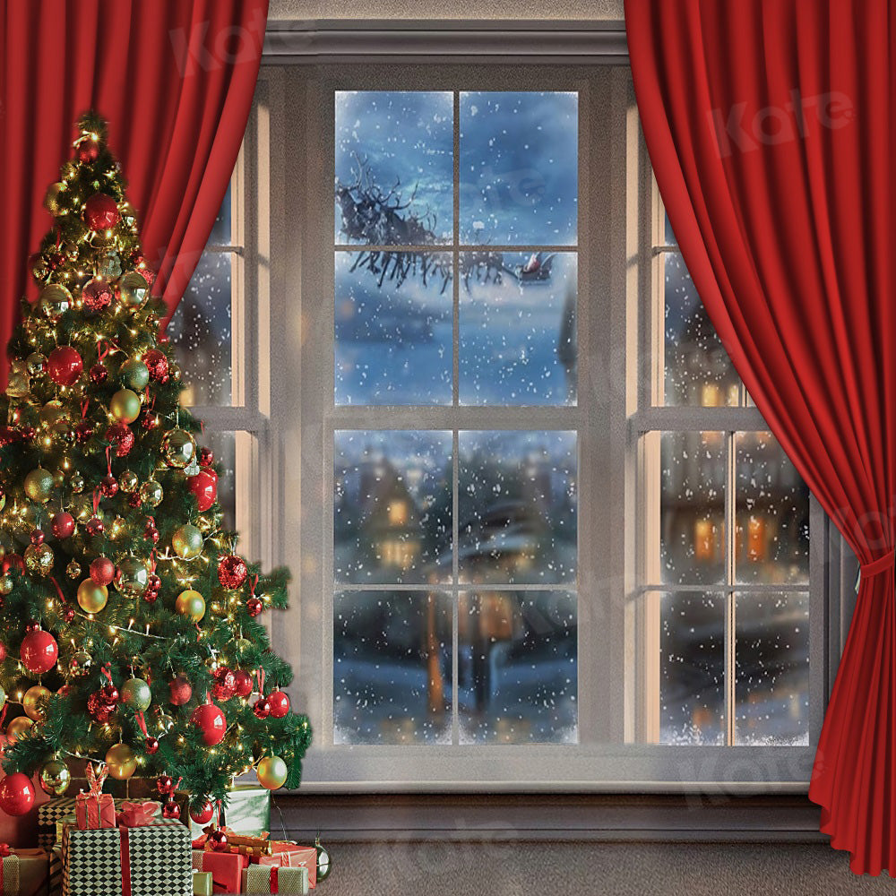 Kate Snowy Christmas Window Red Curtain Backdrop for Photography -UK