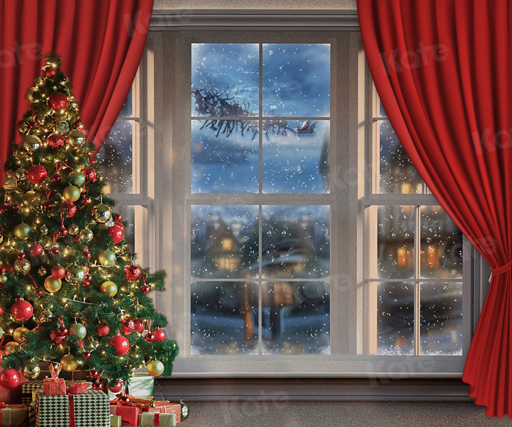 Kate Snowy Christmas Window Red Curtain Backdrop for Photography -UK