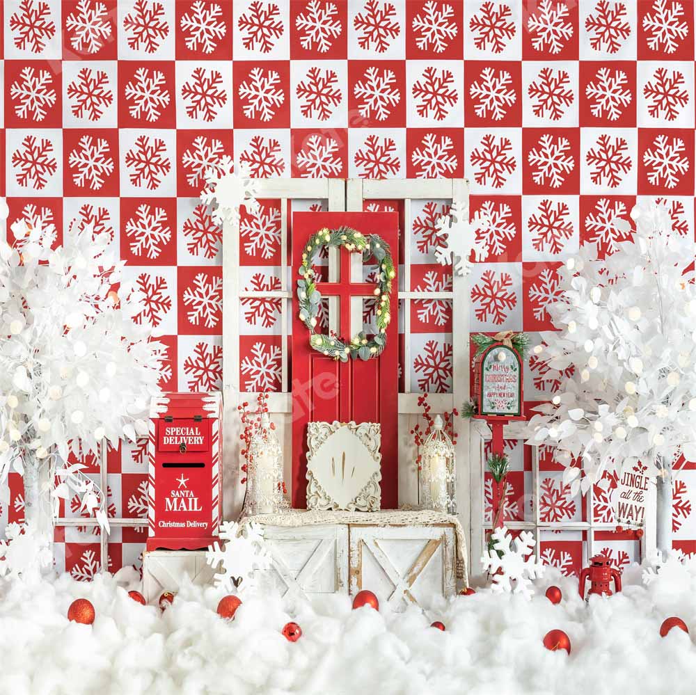 Kate Red Christmas Snow Winter Checkered Backdrop Designed by Emetselch -UK