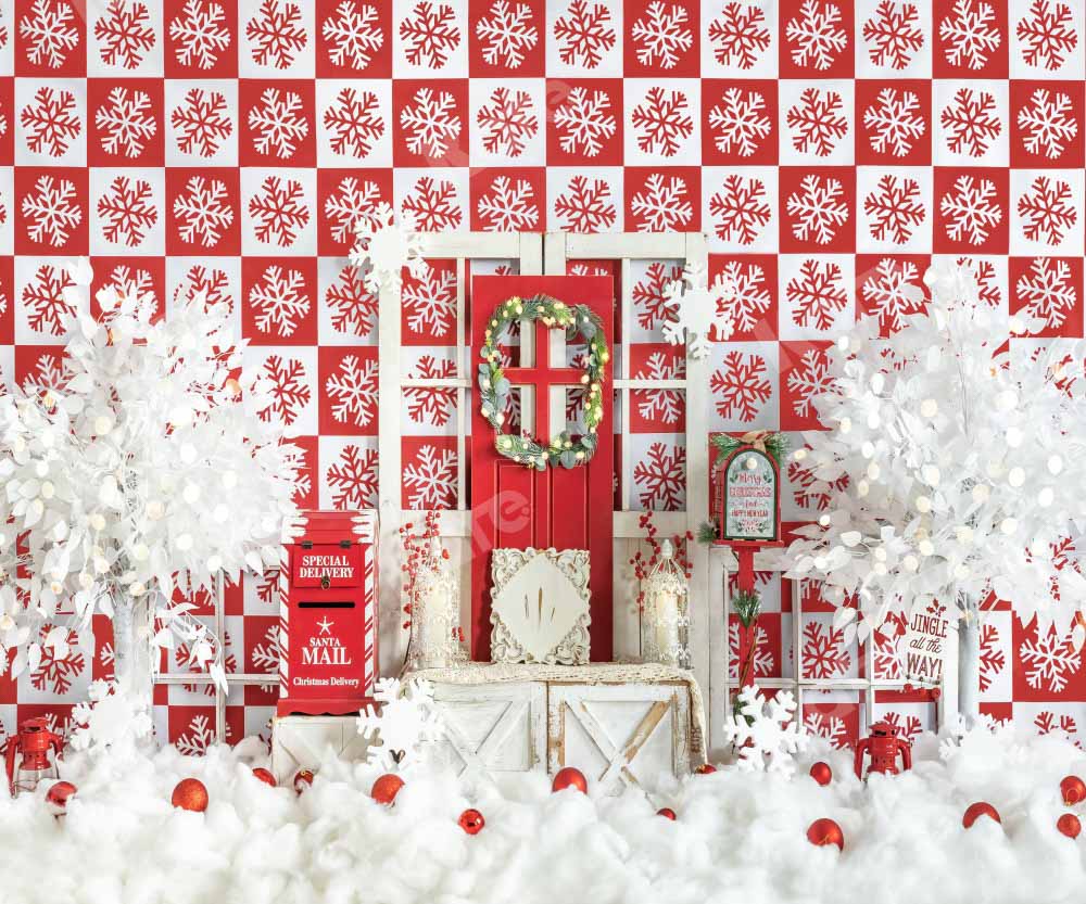 Kate Red Christmas Snow Winter Checkered Backdrop Designed by Emetselch -UK