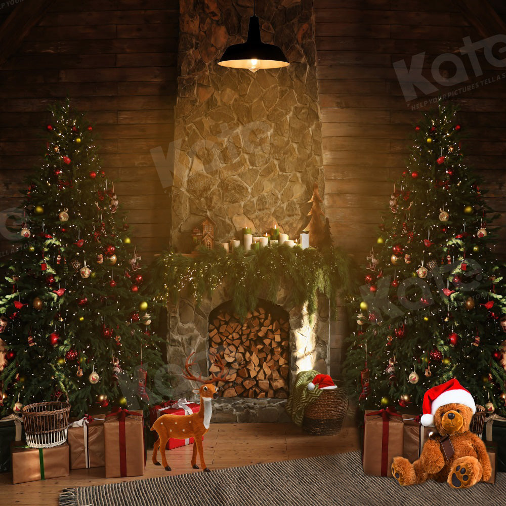 Kate Christmas Tree Fireplace Room Backdrop for Photography -UK
