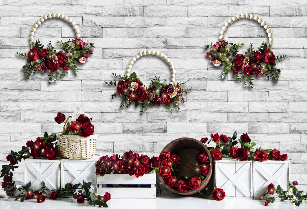 Kate Valentine's Day Rose White Brick Backdrop for Photography -UK