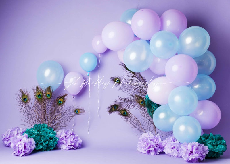 Kate Peacock Purple Balloons Backdrop Designed by Jo Buckley Photograph -UK