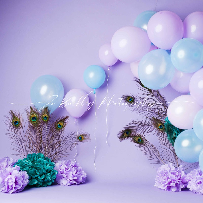 Kate Peacock Purple Balloons Backdrop Designed by Jo Buckley Photograph -UK
