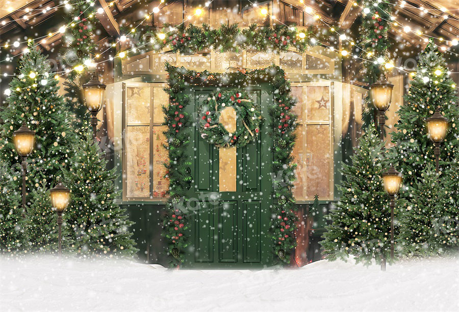 Kate Christmas Snow Green Door Tree Backdrop for Photography -UK
