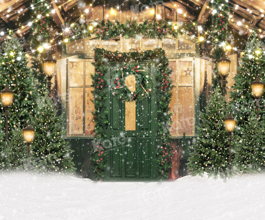 Kate Christmas Snow Green Door Tree Backdrop for Photography -UK