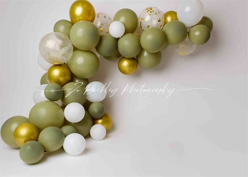 Kate Gold Green Balloons Backdrop Designed by Jo Buckley Photograph -UK