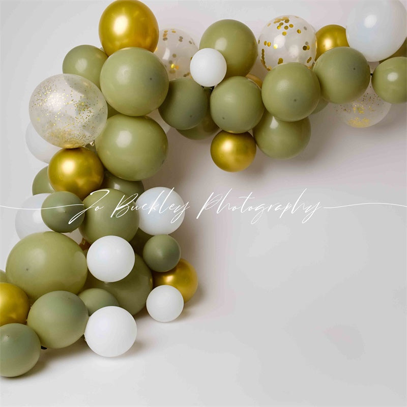 Kate Gold Green Balloons Backdrop Designed by Jo Buckley Photograph -UK