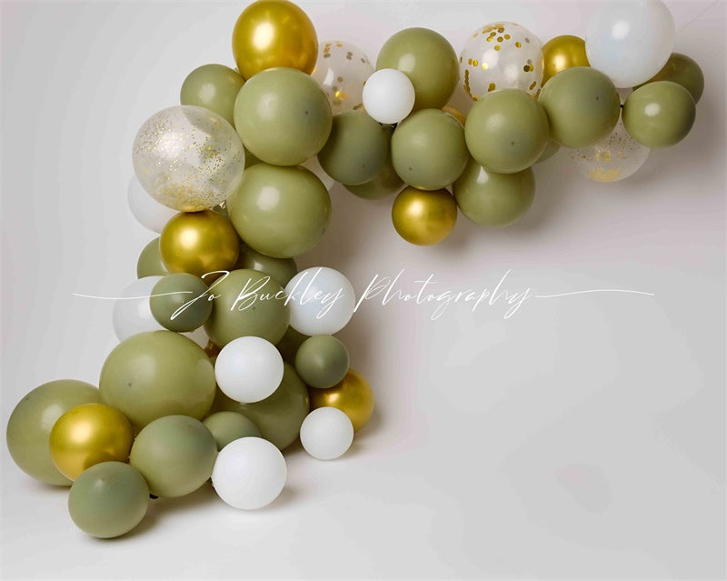 Kate Gold Green Balloons Backdrop Designed by Jo Buckley Photograph -UK