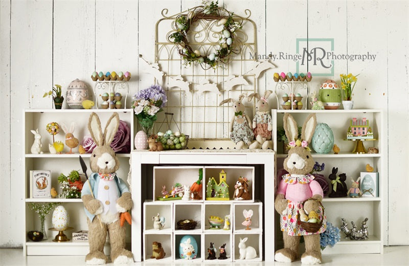Kate Easter Decorations on Shelves Backdrop Designed by Mandy Ringe Photography -UK
