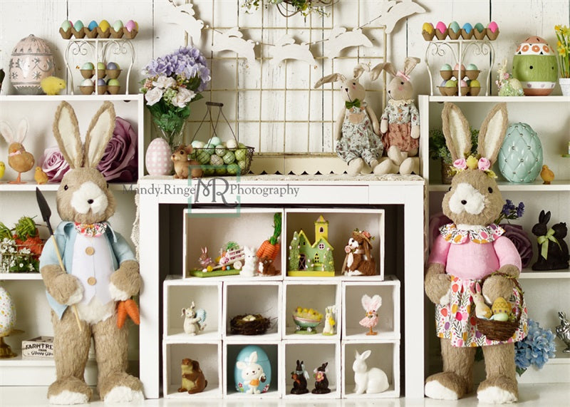 Kate Easter Decorations on Shelves Backdrop Designed by Mandy Ringe Photography -UK
