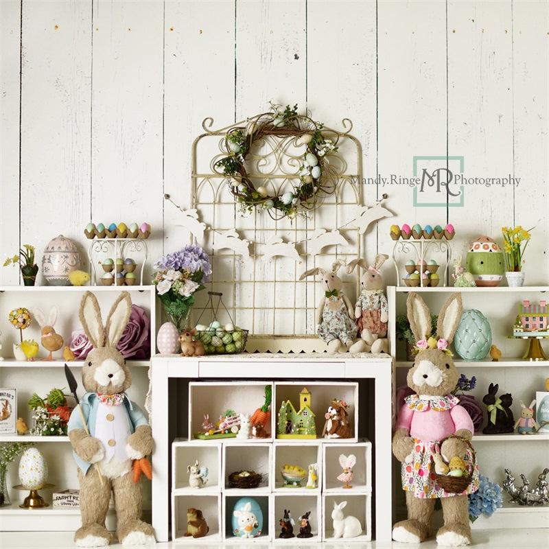 Kate Easter Decorations on Shelves Backdrop Designed by Mandy Ringe Photography -UK